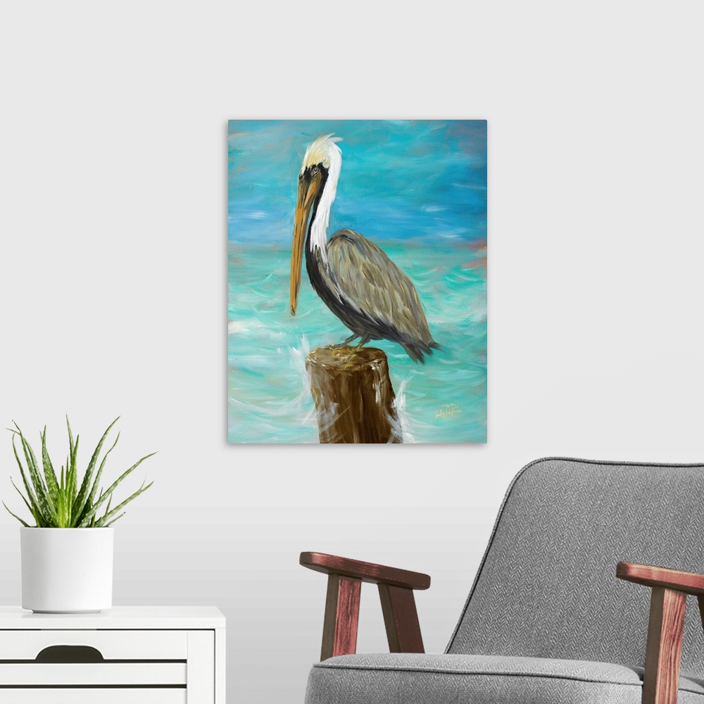 A modern room featuring A contemporary painting of a pelican perched on a log in the middle of the ocean with waves crash...