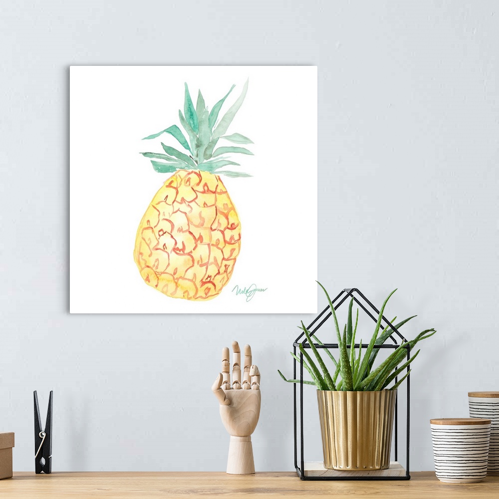 A bohemian room featuring Square watercolor painting of a pineapple.
