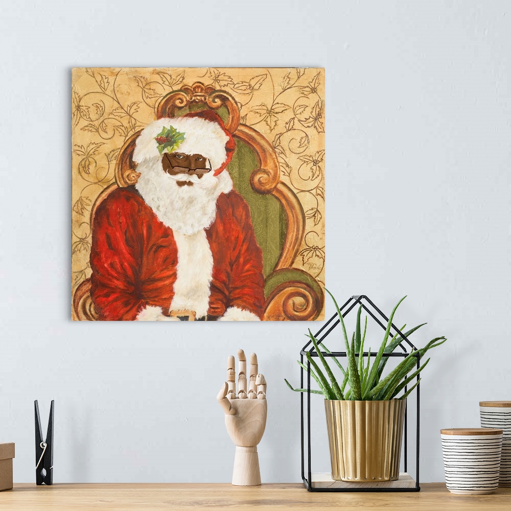 A bohemian room featuring Portrait of Santa Claus seated on a decorative chair.