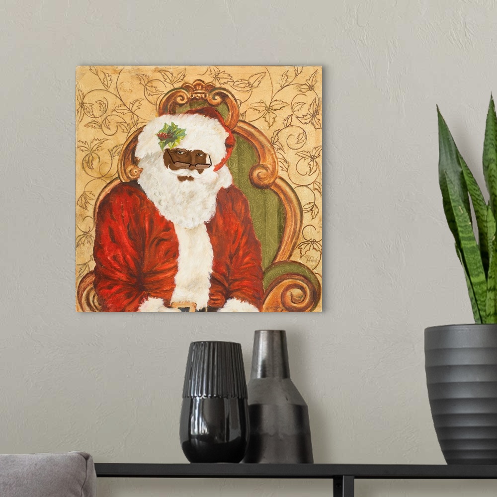 A modern room featuring Portrait of Santa Claus seated on a decorative chair.