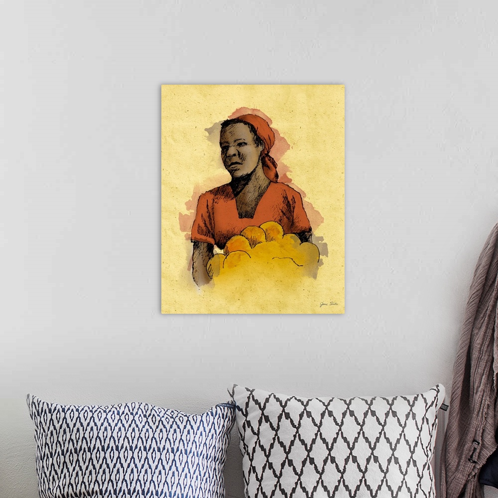 A bohemian room featuring Portrait of a woman in red clothes.