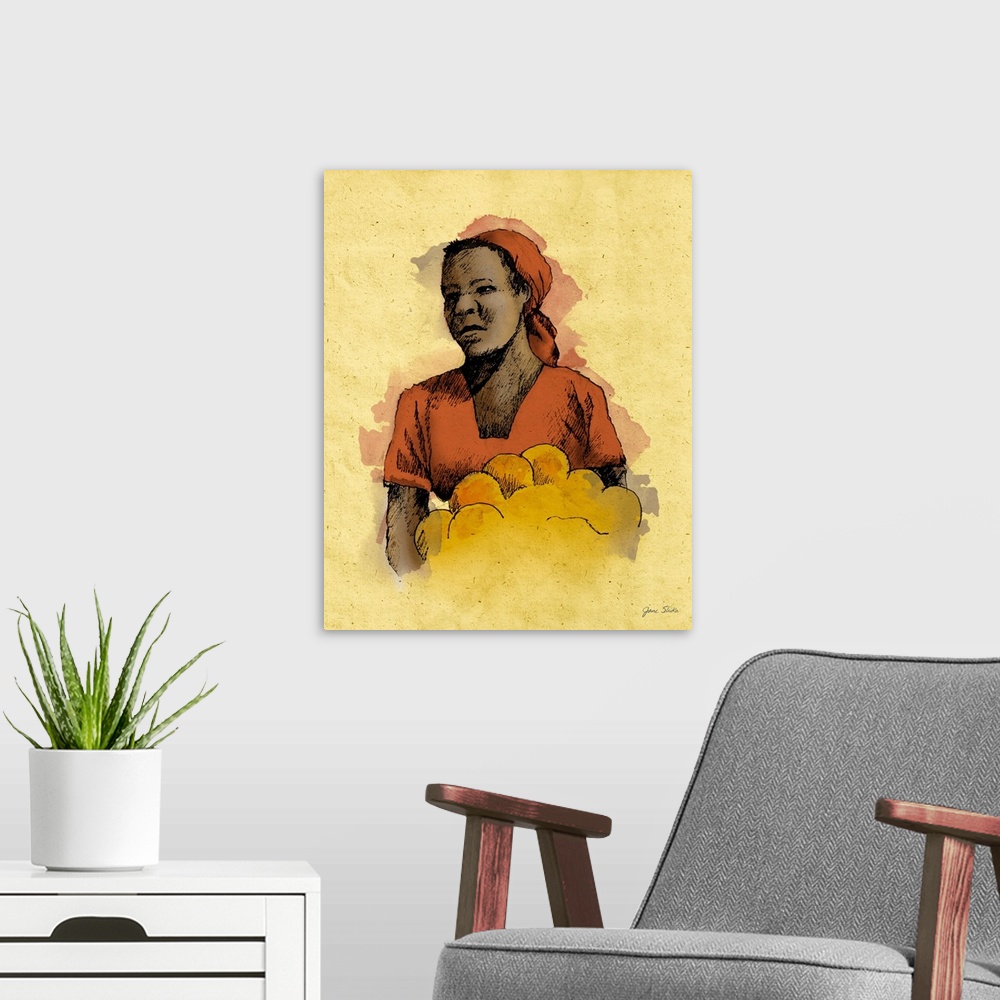 A modern room featuring Portrait of a woman in red clothes.