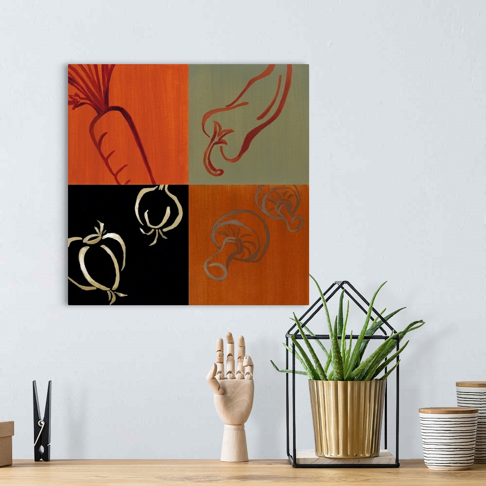 A bohemian room featuring Acrylic painting divided into four equal sections, each featuring a carrot, red pepper, onion, an...
