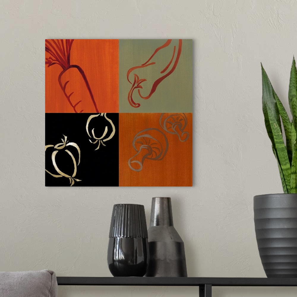 A modern room featuring Acrylic painting divided into four equal sections, each featuring a carrot, red pepper, onion, an...