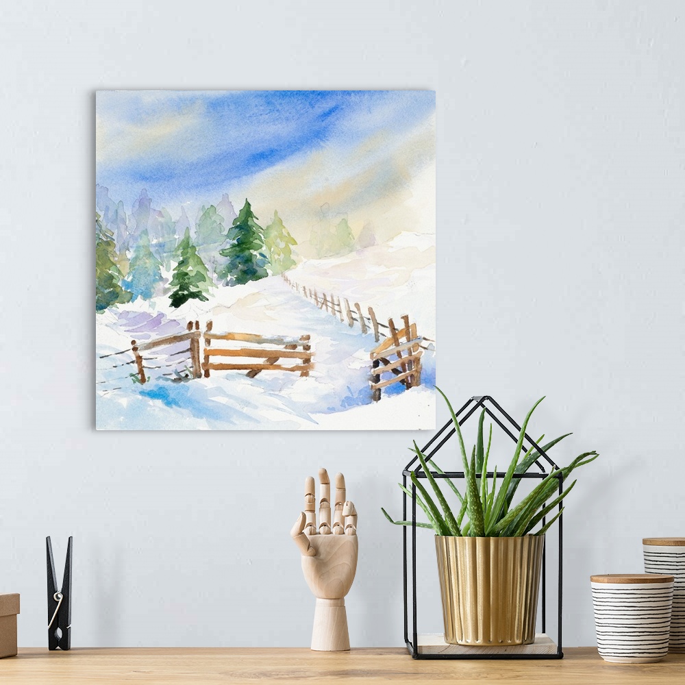 A bohemian room featuring A watercolor winter scene featuring a rustic fence.