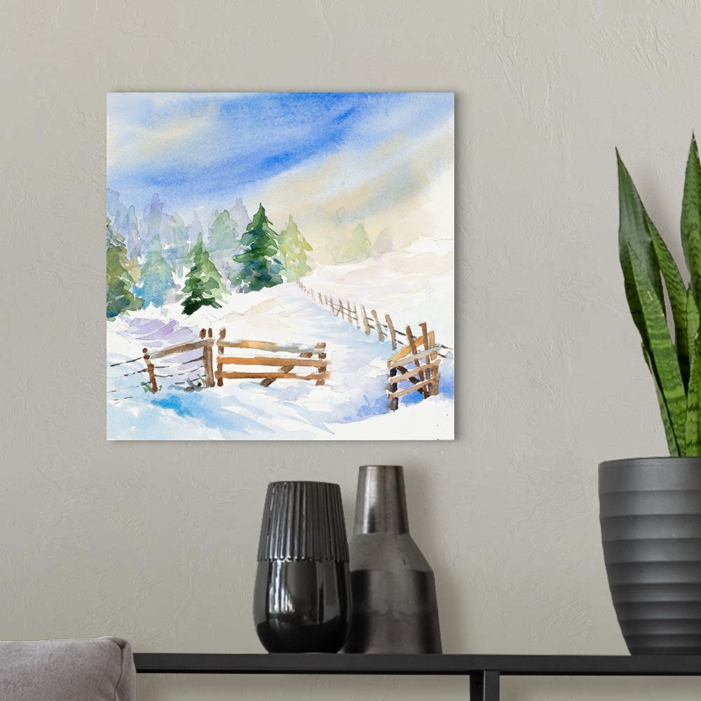 A modern room featuring A watercolor winter scene featuring a rustic fence.