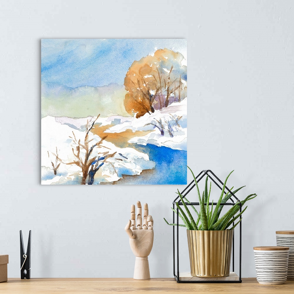 A bohemian room featuring A watercolor winter scene featuring a calm creek.
