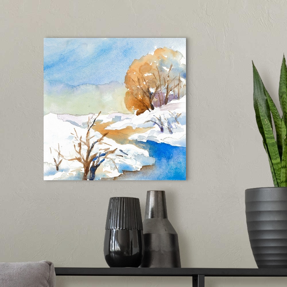 A modern room featuring A watercolor winter scene featuring a calm creek.