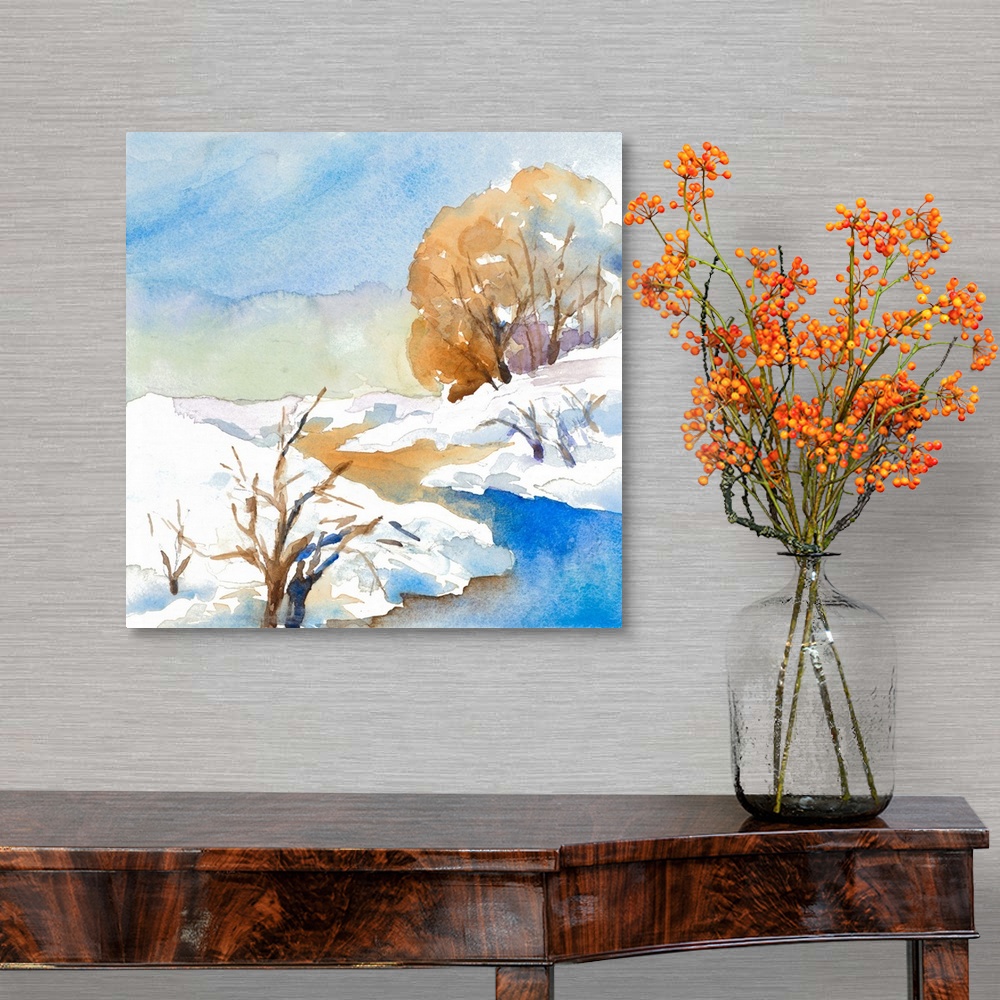 A traditional room featuring A watercolor winter scene featuring a calm creek.