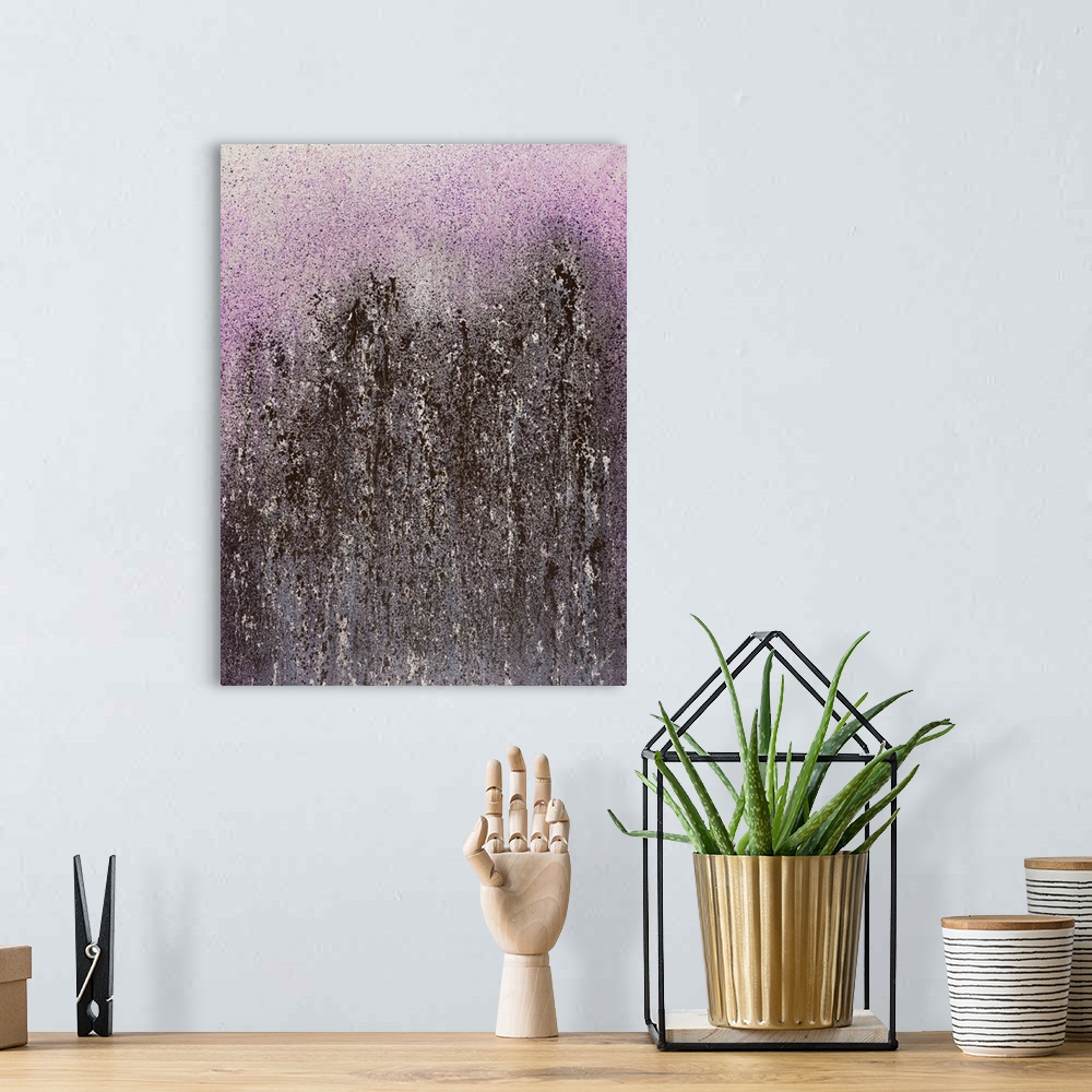 A bohemian room featuring Contemporary abstract painting with purple and dark hues splattered lightly at the top and densel...