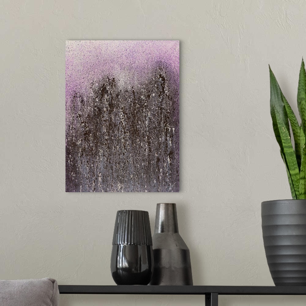 A modern room featuring Contemporary abstract painting with purple and dark hues splattered lightly at the top and densel...