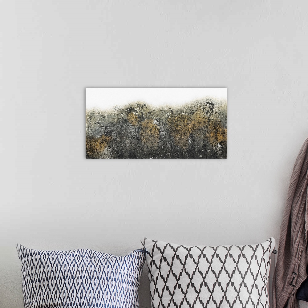 A bohemian room featuring Contemporary abstract painting with black, gold, and white paint splatter.