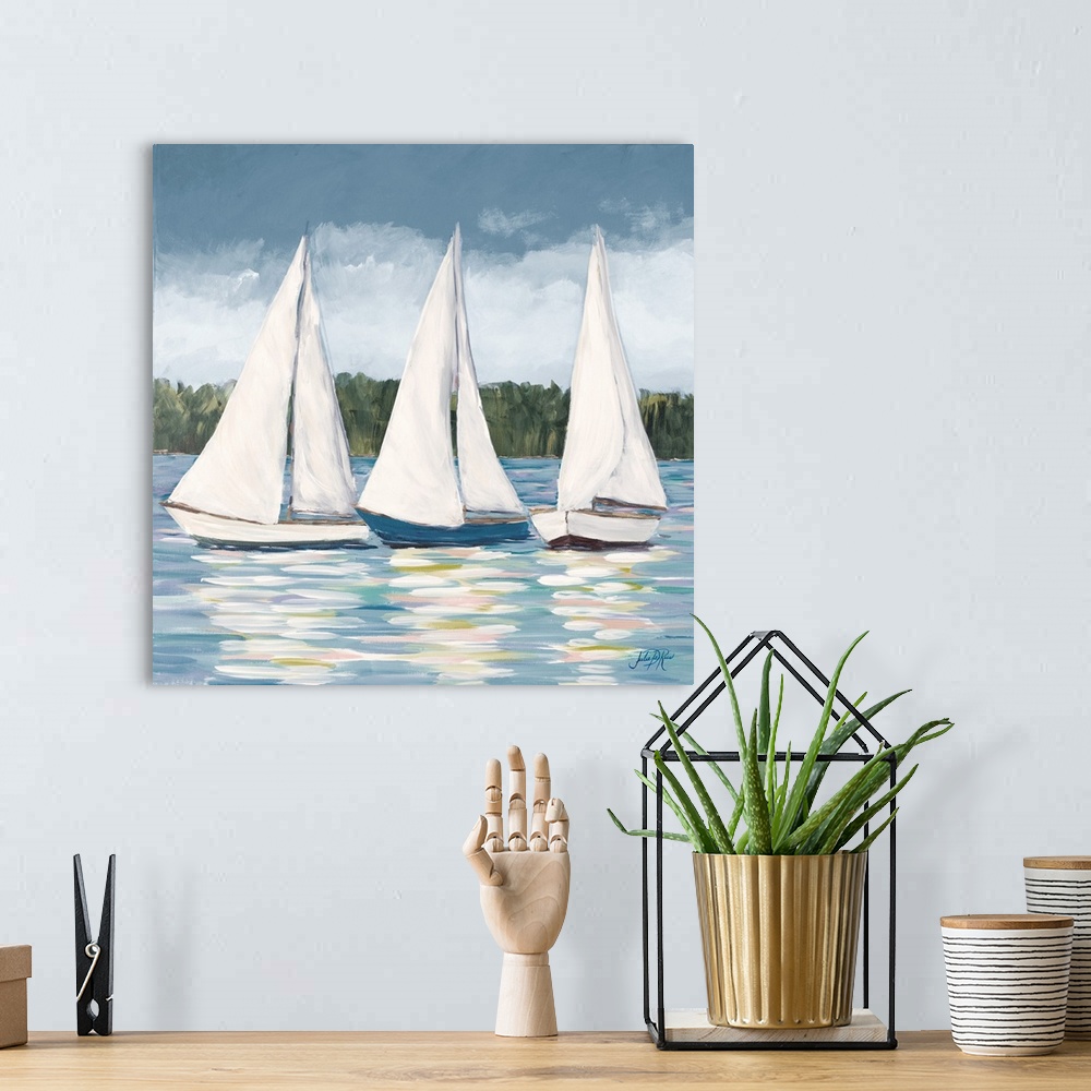A bohemian room featuring Bits of green and purple brush strokes dance playfully on the sea as two sailboats drift under an...
