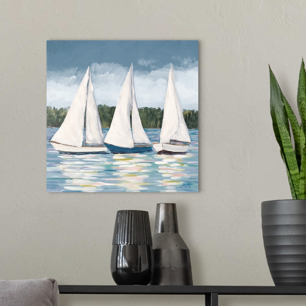 A modern room featuring Bits of green and purple brush strokes dance playfully on the sea as two sailboats drift under an...
