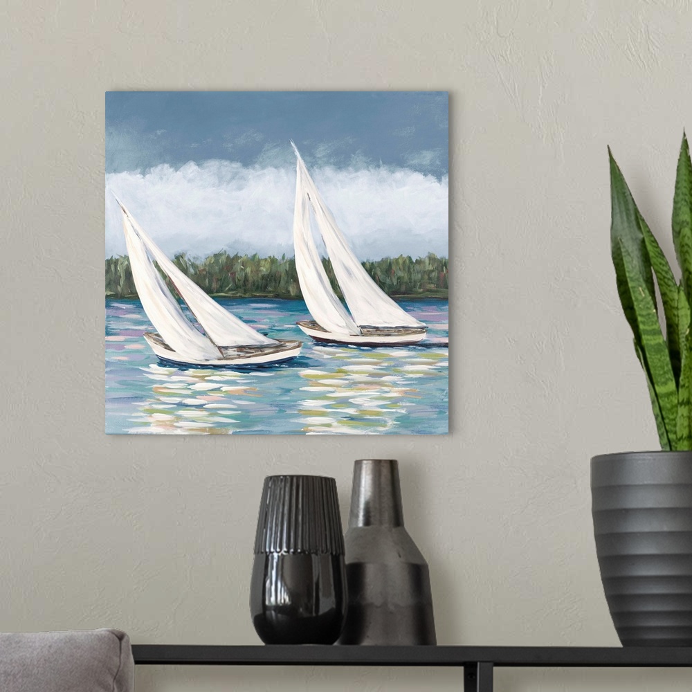 A modern room featuring Bits of green and purple brush strokes dance playfully on the sea as two sailboats drift under an...