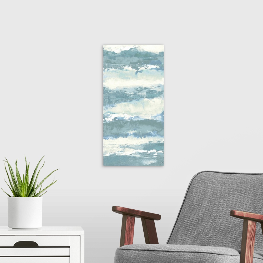 A modern room featuring A contemporary abstract painting with sea blue and white colors creating horizontal layers.