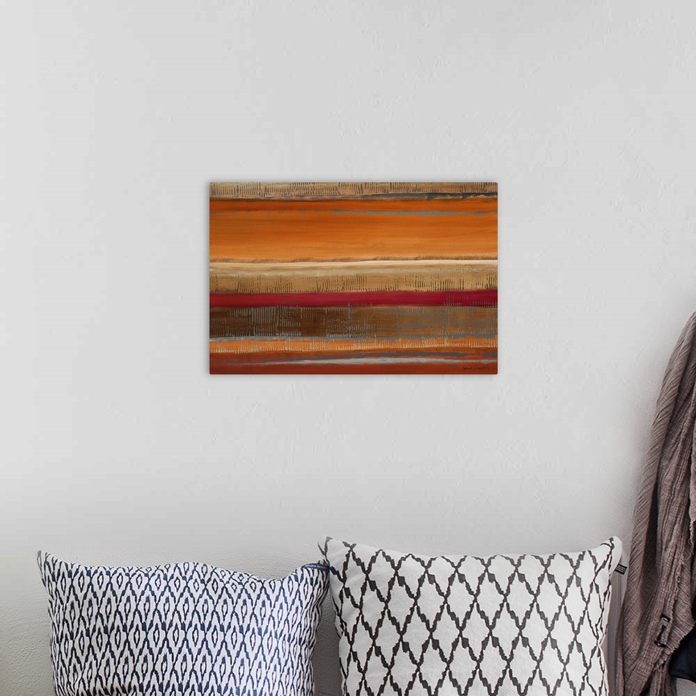 A bohemian room featuring Piece of abstract artwork that has horizontal stripes across the print. Some are thicker while ot...