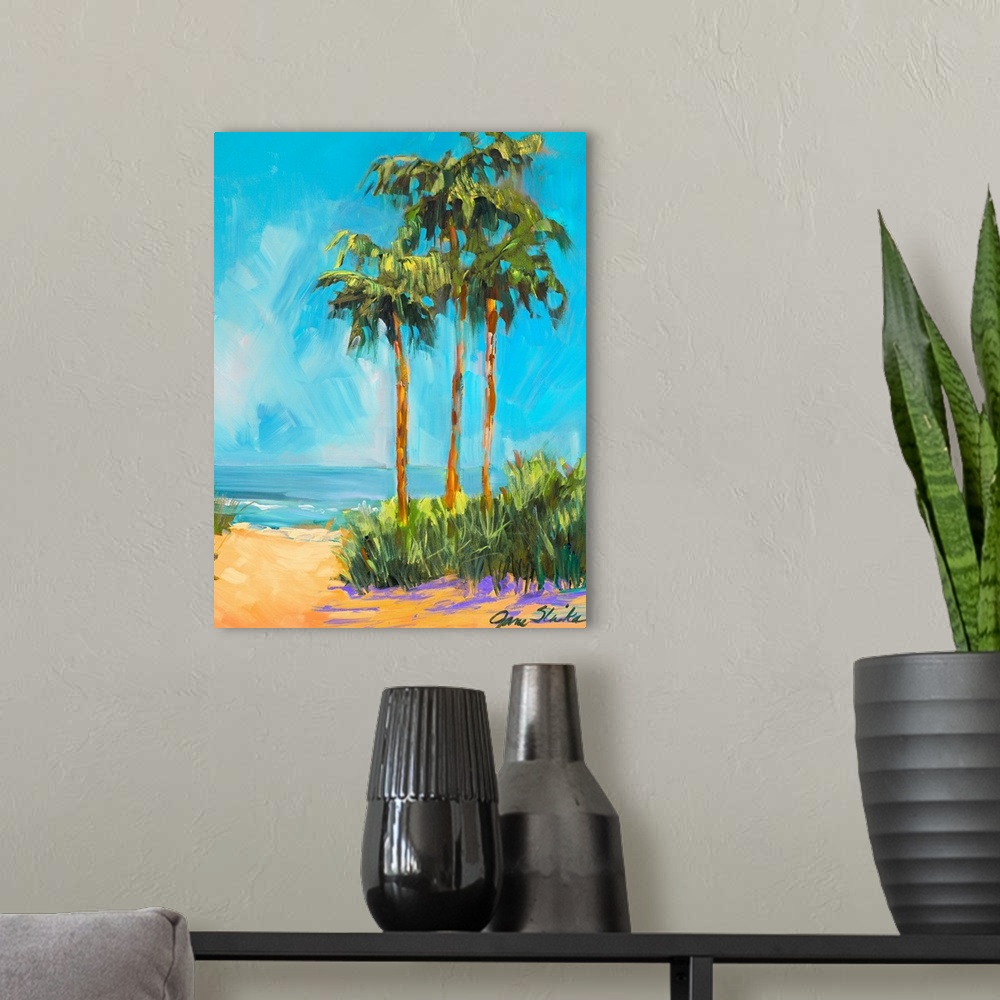 A modern room featuring This vertical painting by a contemporary artist shows three palm trees growing next to a tropical...
