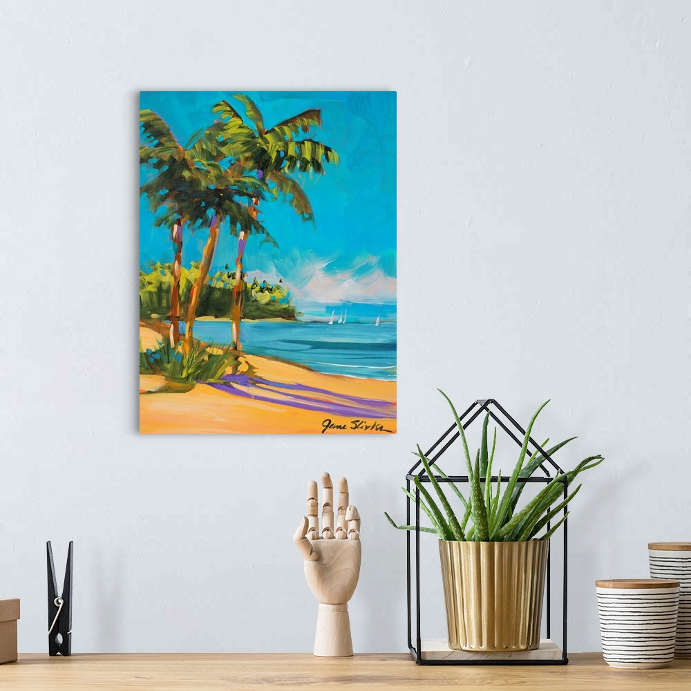 A bohemian room featuring Big, vertical painting of three large palm trees swaying in the sun, over the beach, along the sh...