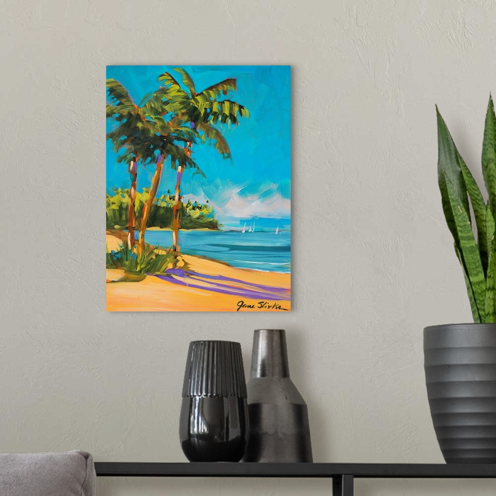 A modern room featuring Big, vertical painting of three large palm trees swaying in the sun, over the beach, along the sh...