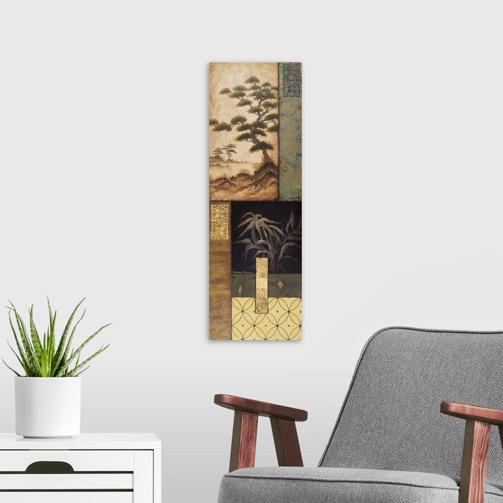 A modern room featuring Original Size: 12x36; acrylic/collage/gold leaf
