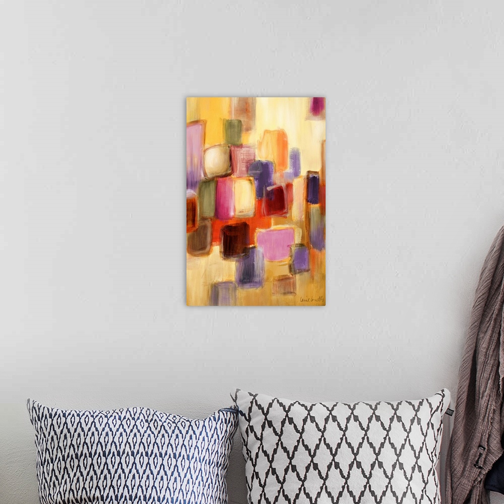 A bohemian room featuring Large contemporary vertical painting of overlapping squares and rectangles in many bright colors,...
