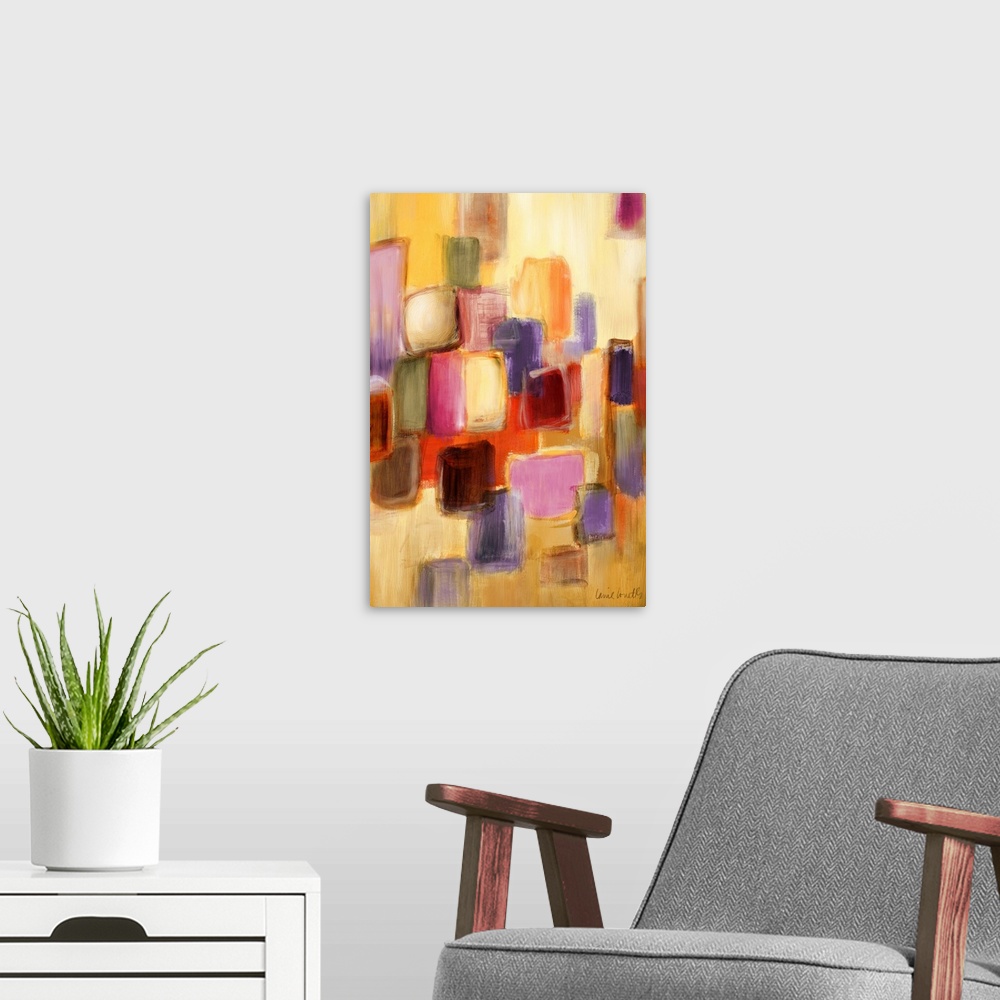 A modern room featuring Large contemporary vertical painting of overlapping squares and rectangles in many bright colors,...