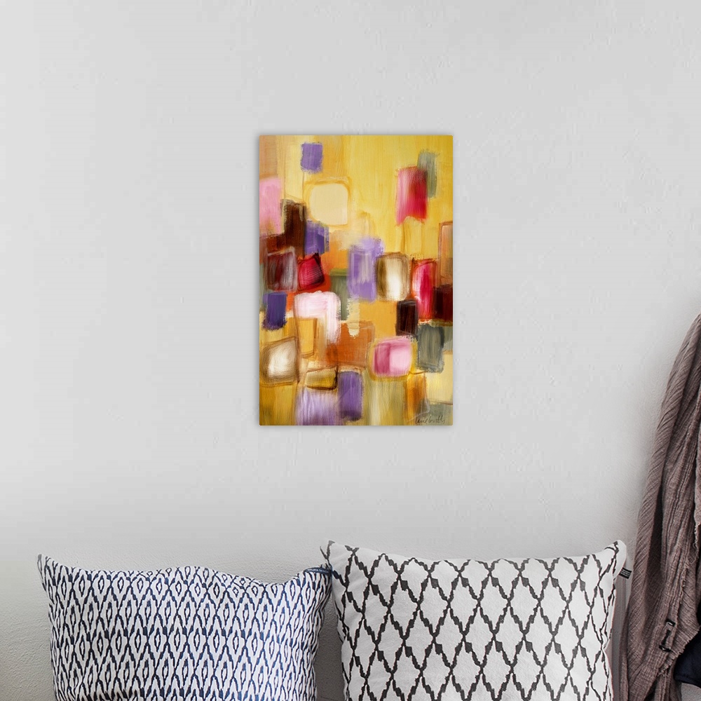 A bohemian room featuring Abstract artwork that has various colored squares and rectangles painted in a vertical pattern.