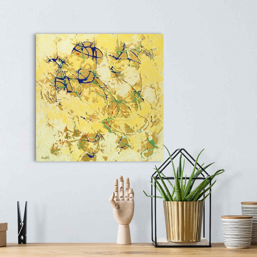 A bohemian room featuring Abstract contemporary painting in yellow shades with lots of texture.