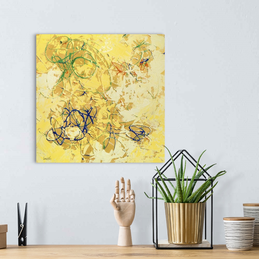 A bohemian room featuring Abstract contemporary painting in yellow shades with lots of texture.