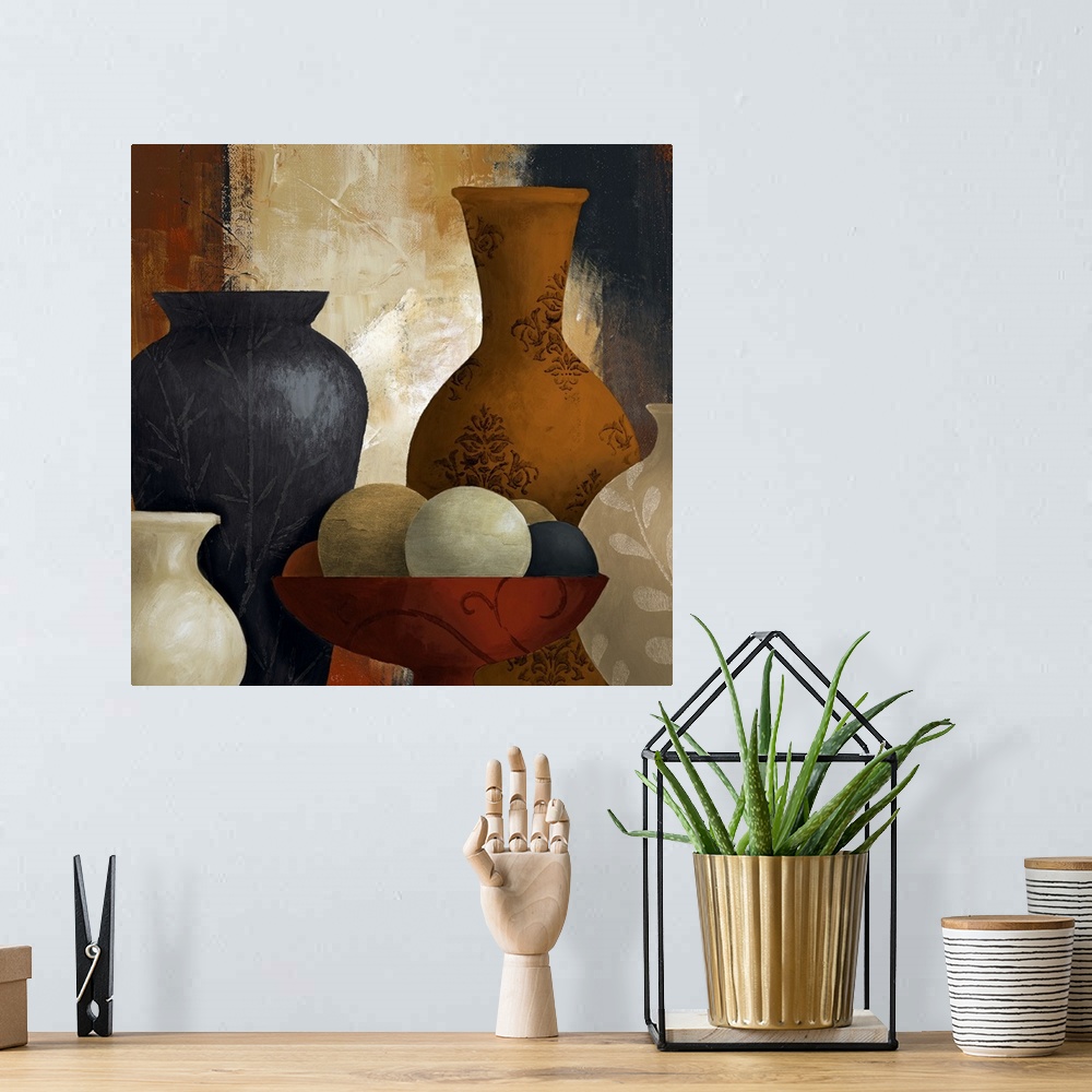 A bohemian room featuring A piece of contemporary artwork that has multiple vases of different shapes and sizes with variou...
