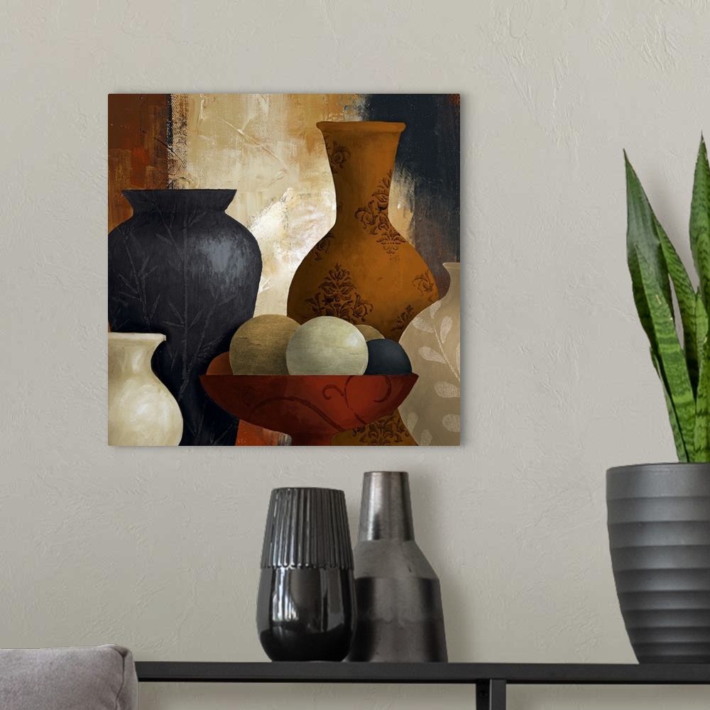 A modern room featuring A piece of contemporary artwork that has multiple vases of different shapes and sizes with variou...