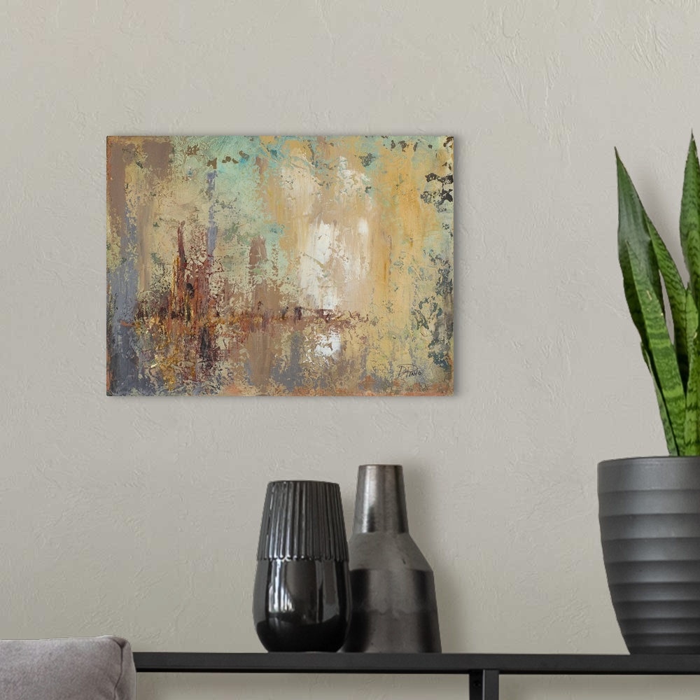 A modern room featuring A horizontal abstract painting with heavy textures and clusters of color.