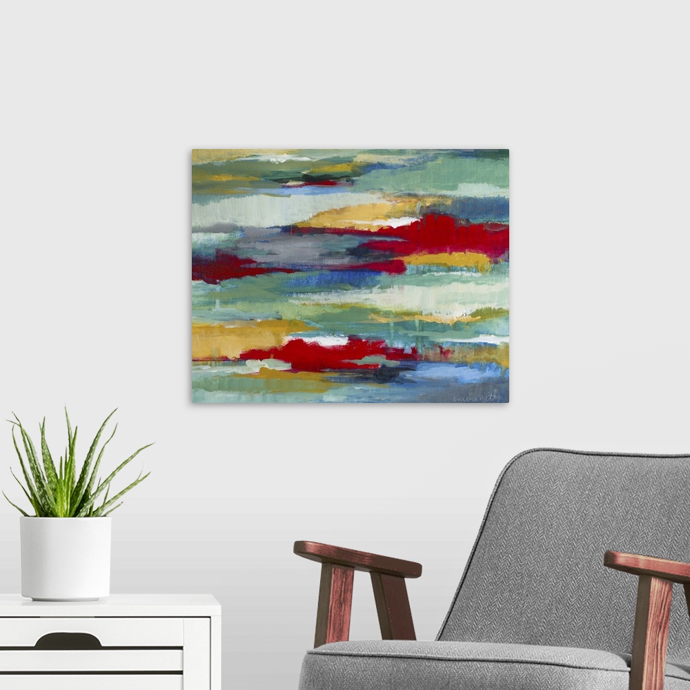 A modern room featuring Contemporary abstract painting with red streaks against cool tones.