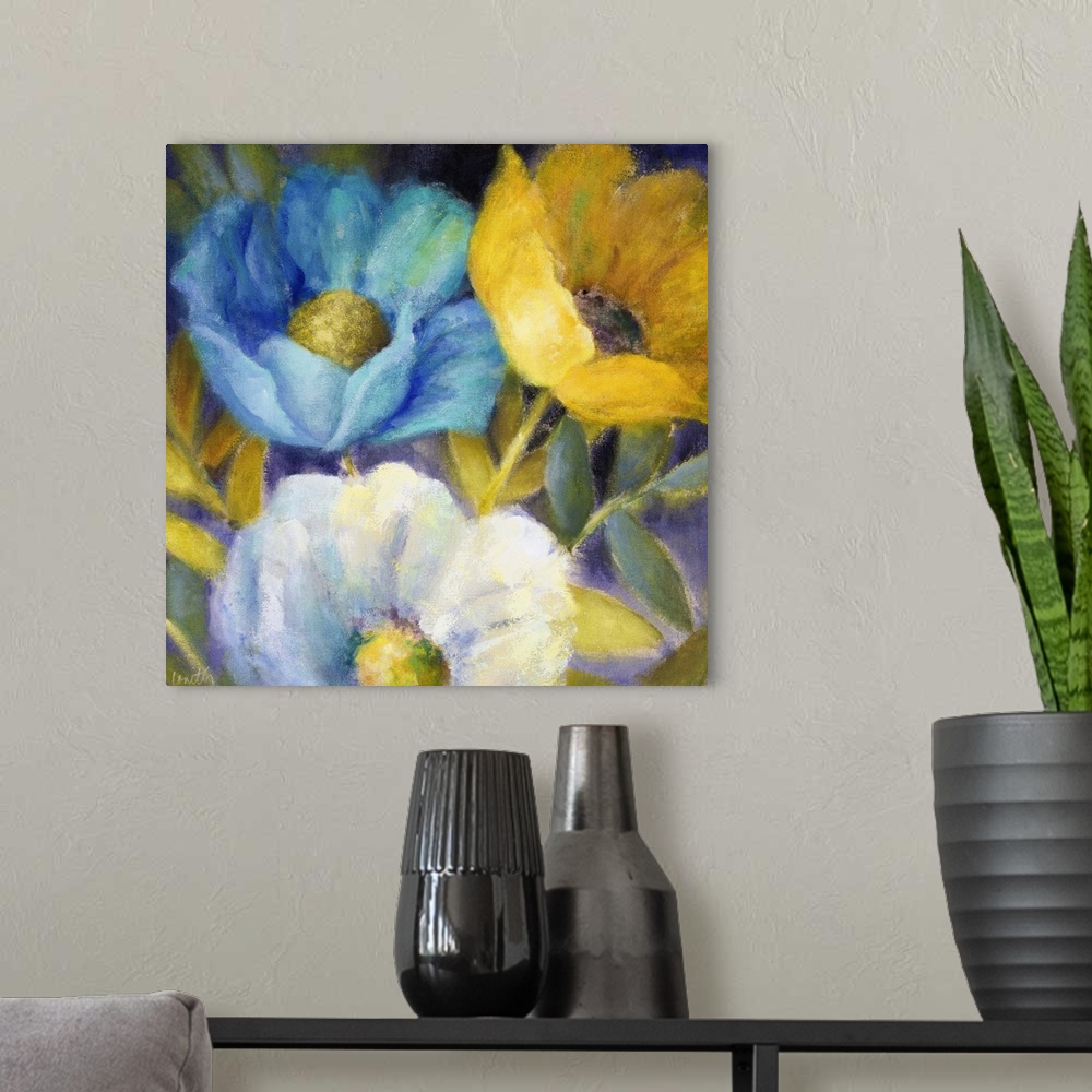 A modern room featuring Contemporary artwork of three large flowers in blue, yellow, and white.