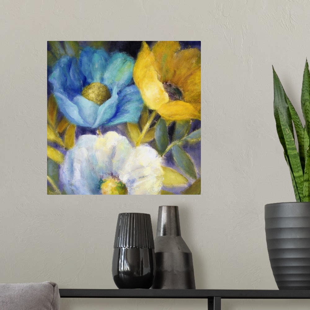 A modern room featuring Contemporary artwork of three large flowers in blue, yellow, and white.