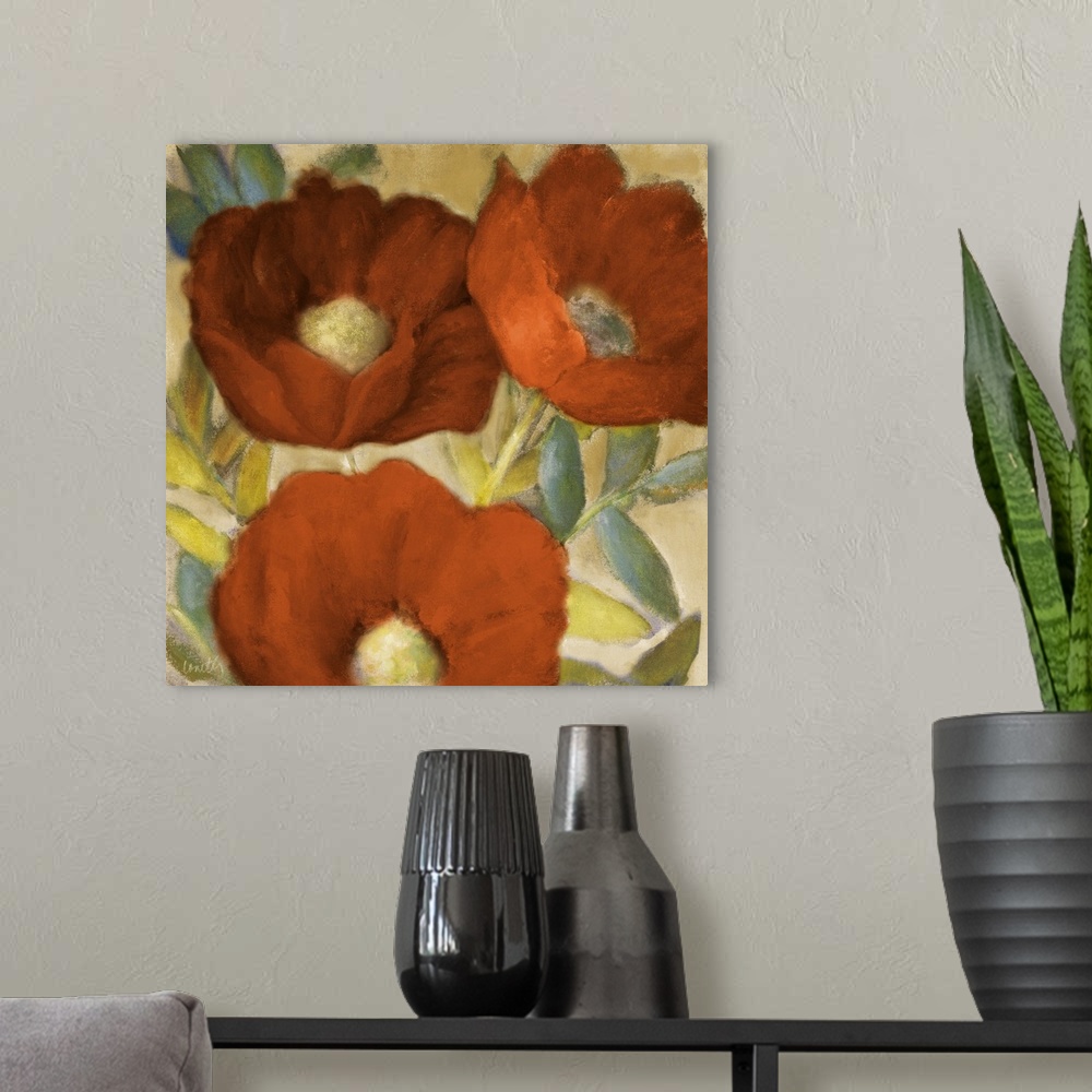 A modern room featuring Contemporary artwork of three large flowers in red.