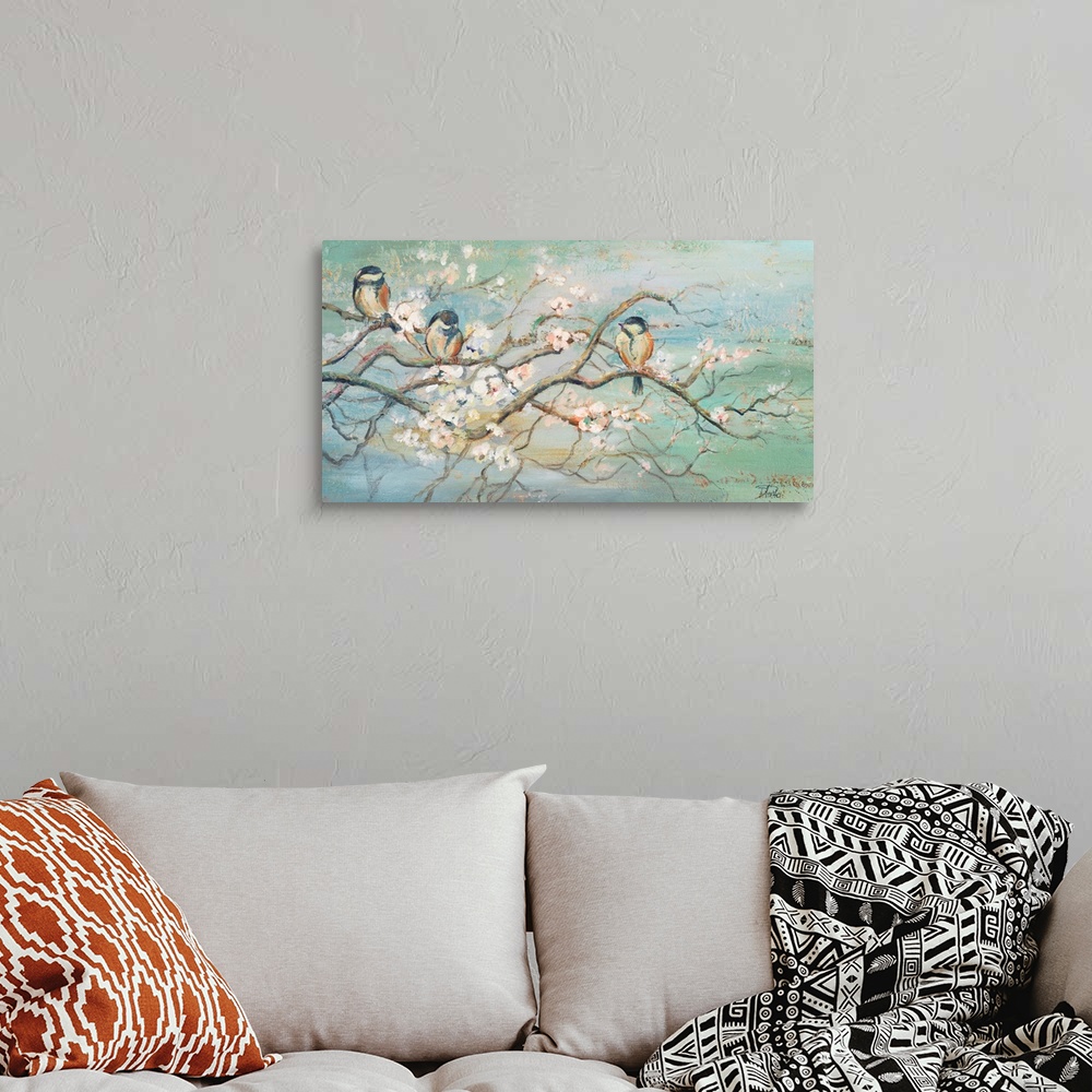 A bohemian room featuring Contemporary art of three Blue Tits on a flowering branch.