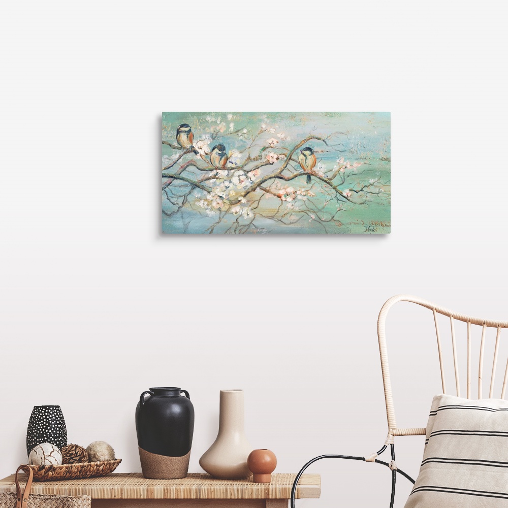 A farmhouse room featuring Contemporary art of three Blue Tits on a flowering branch.