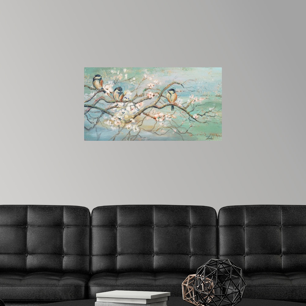 A modern room featuring Contemporary art of three Blue Tits on a flowering branch.