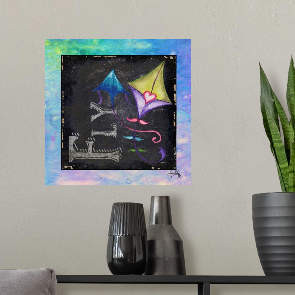A modern room featuring Square painting with a blue, green, and purple designed background and a black chalkboard square ...