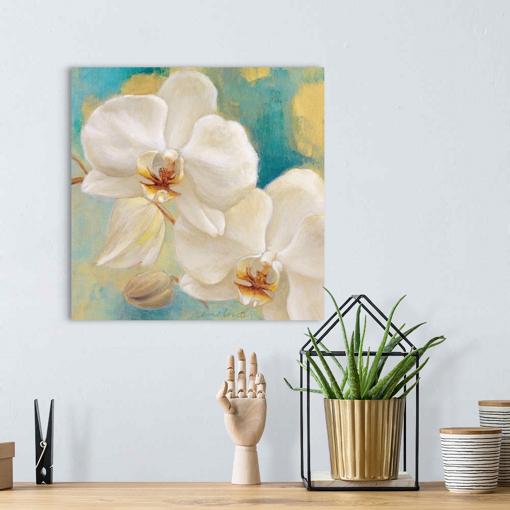 A bohemian room featuring Large floral art focuses on a couple flowers sitting on the stem of an orchid against a slightly ...