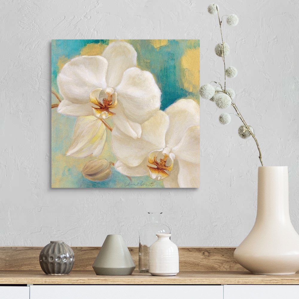 A farmhouse room featuring Large floral art focuses on a couple flowers sitting on the stem of an orchid against a slightly ...
