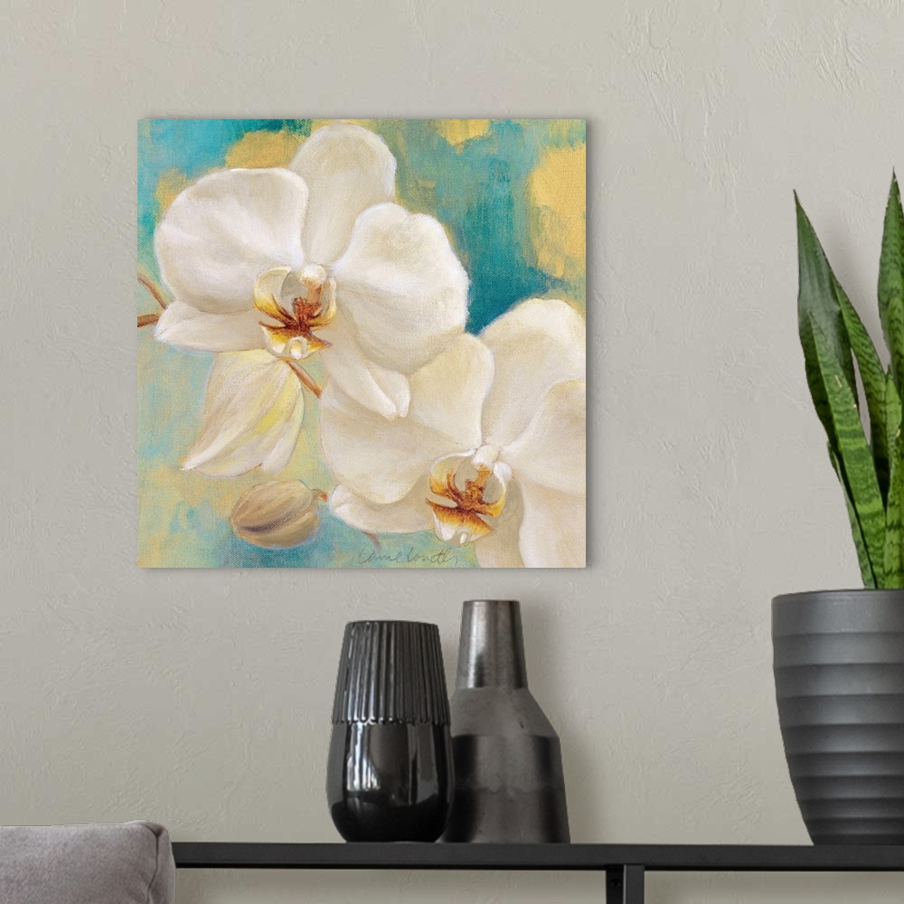 A modern room featuring Large floral art focuses on a couple flowers sitting on the stem of an orchid against a slightly ...