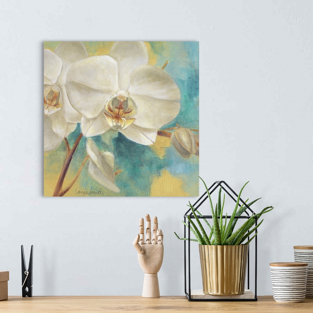 A bohemian room featuring Large painting of flowers and stems in cool tones.
