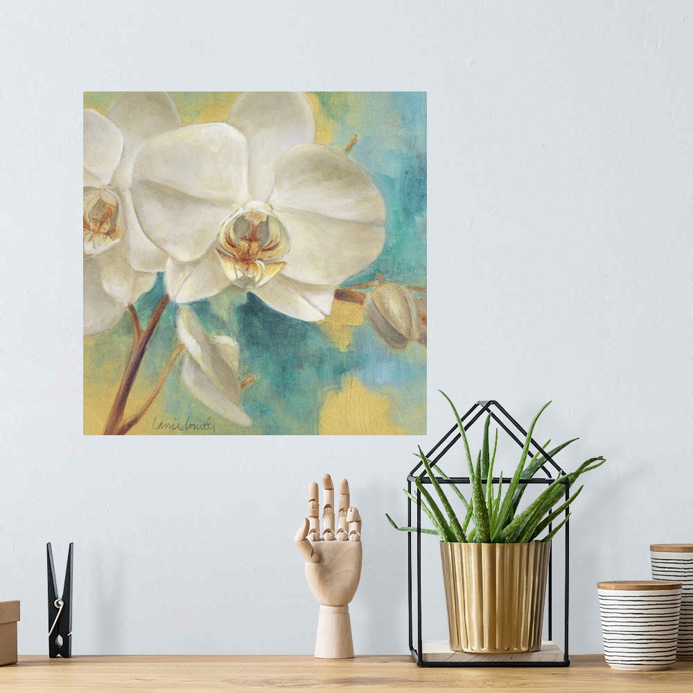 A bohemian room featuring Large painting of flowers and stems in cool tones.