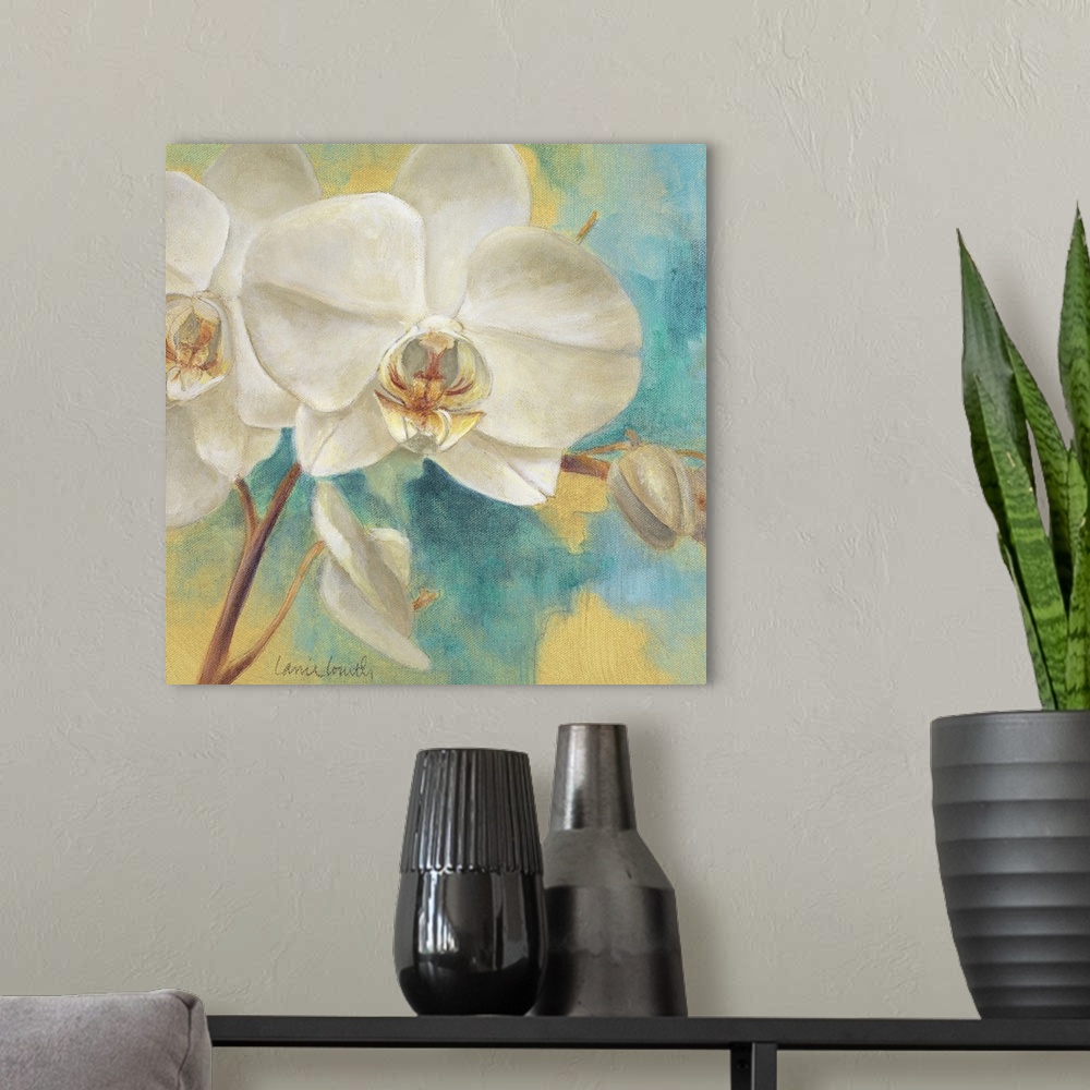 A modern room featuring Large painting of flowers and stems in cool tones.