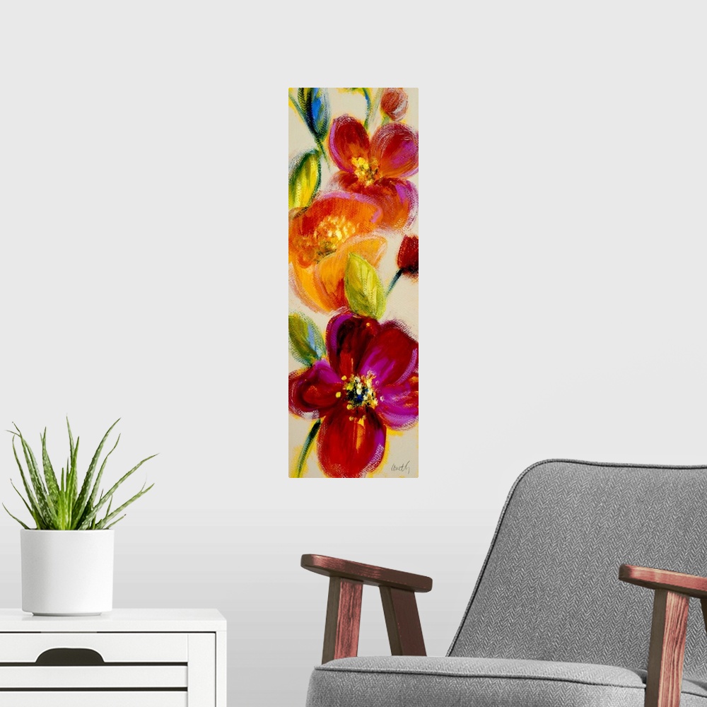 A modern room featuring Colorful flowers are painted cascading down this tall vertical piece.