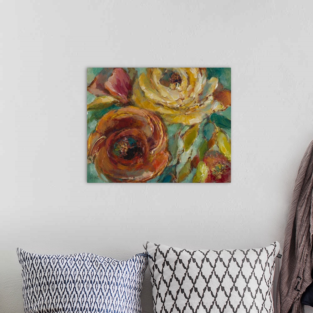 A bohemian room featuring Contemporary artwork of round flowers in rich tones.