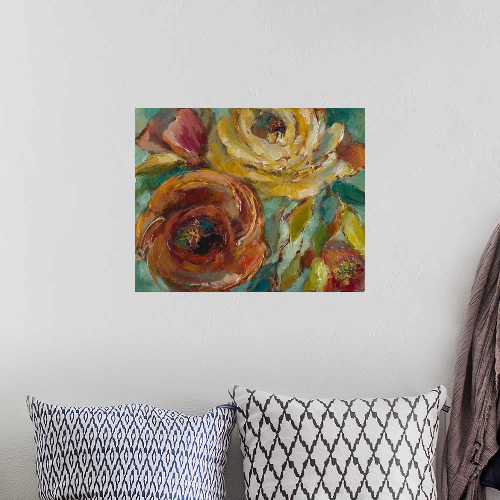 A bohemian room featuring Contemporary artwork of round flowers in rich tones.